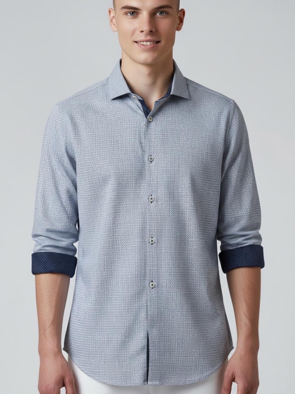 Michelsons of London Men's Medium Blue White Dobby Micro-Dot Long Sleeve Shirt